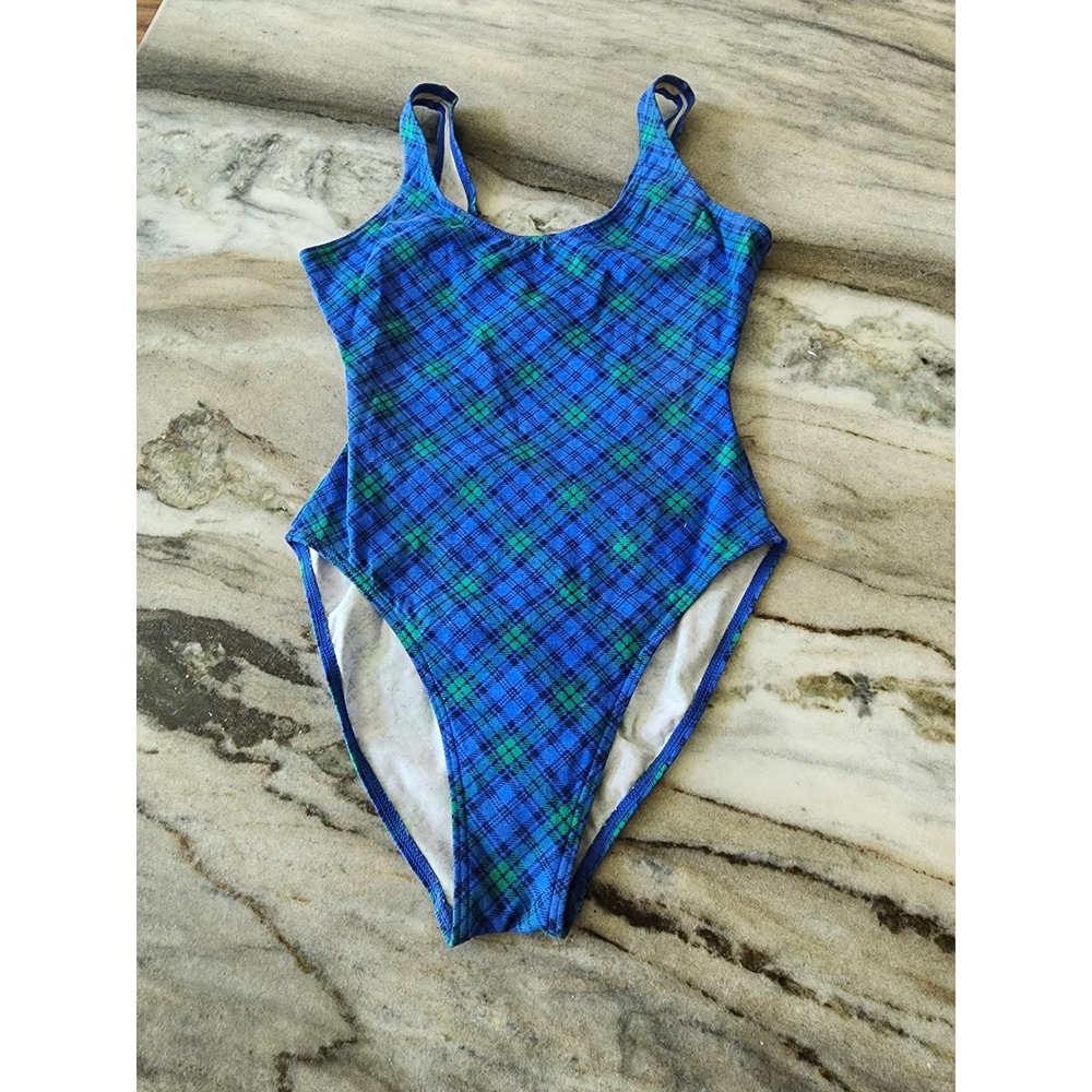 Vintage 90s Bermuda Beachwear Blue Green Plaid One Piece Swimsuit High Cut